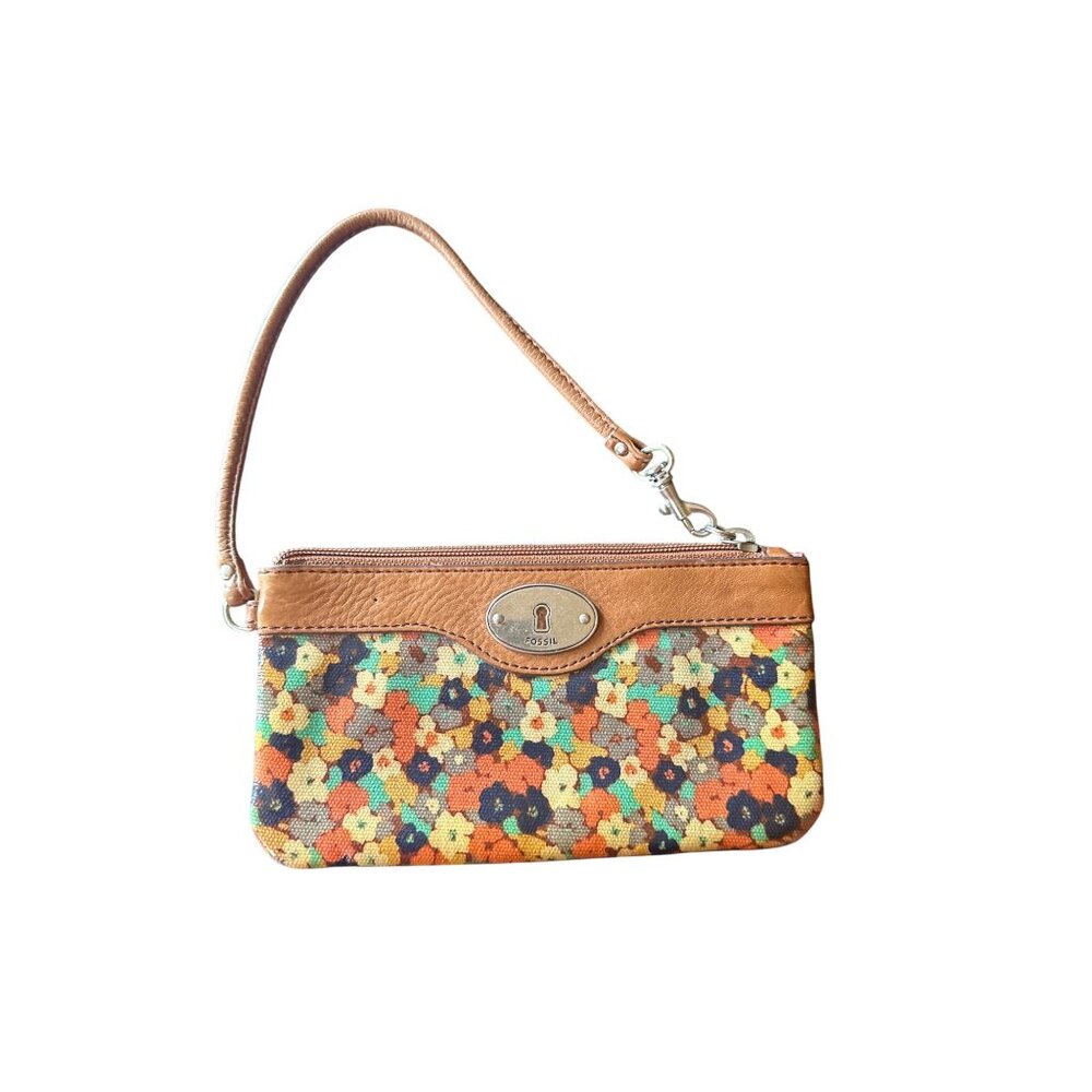 Fossil Key-Per Floral Canvas Leather Micro Wristlet Clutch Zipper Closure Strap